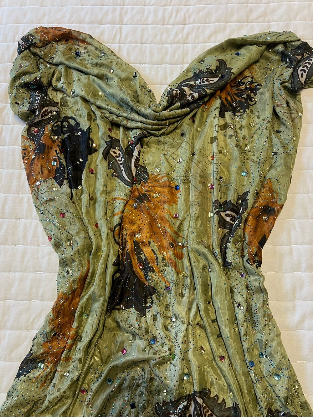 Embellished Olive Green Sheer Fabric
